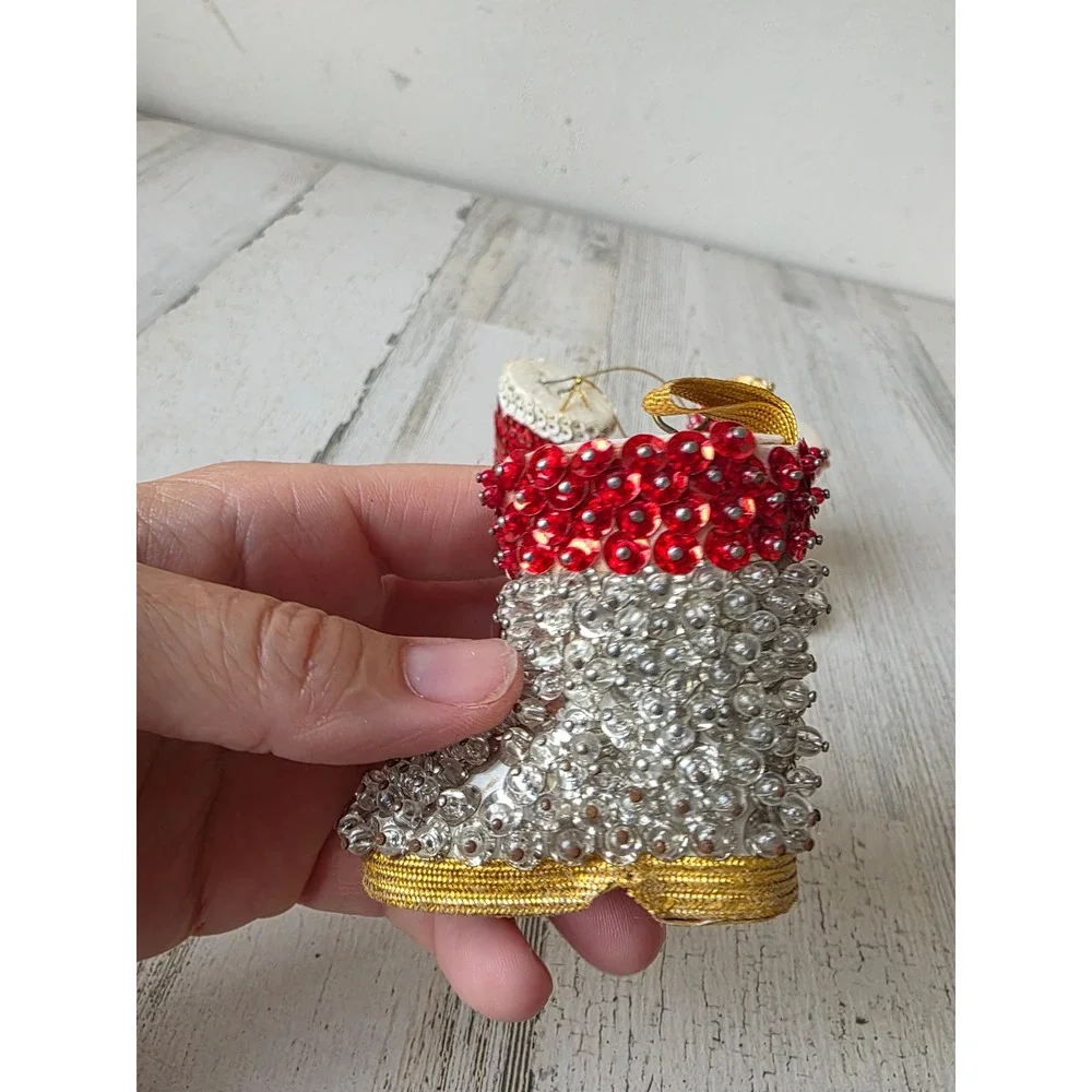 Vintage pushpin Santa boot shoe sequin ornament pearls Xmas tree
